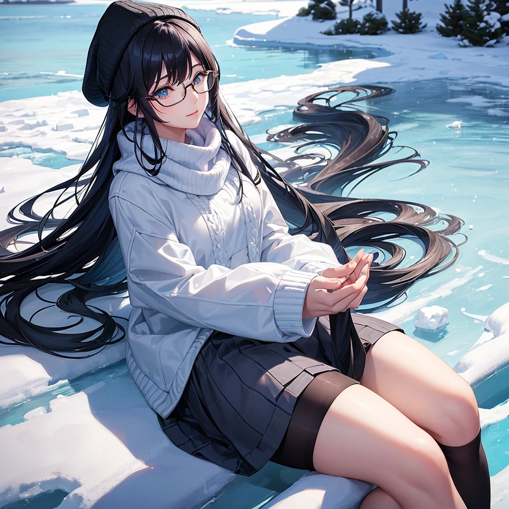((masterpiece、highest quality、detailed))、4k、8k、Haigress、(Glasses),(beautiful black hair,transparent hair, translucent hair:1.2),(silky hair, shiny hair, straight long 1.3),messy hair、knit hat、(beautiful blue eyes, translucent eyes girl:1.1)、(guy wearing the same thing but male outfit) Scarf、sweater、asymmetric skirt、pantyhose、coat、girl sitting with an asian guy、slight smile、mature、detailed、((sunlight、shine、snow、snow、frozen lake、sparkling lake))