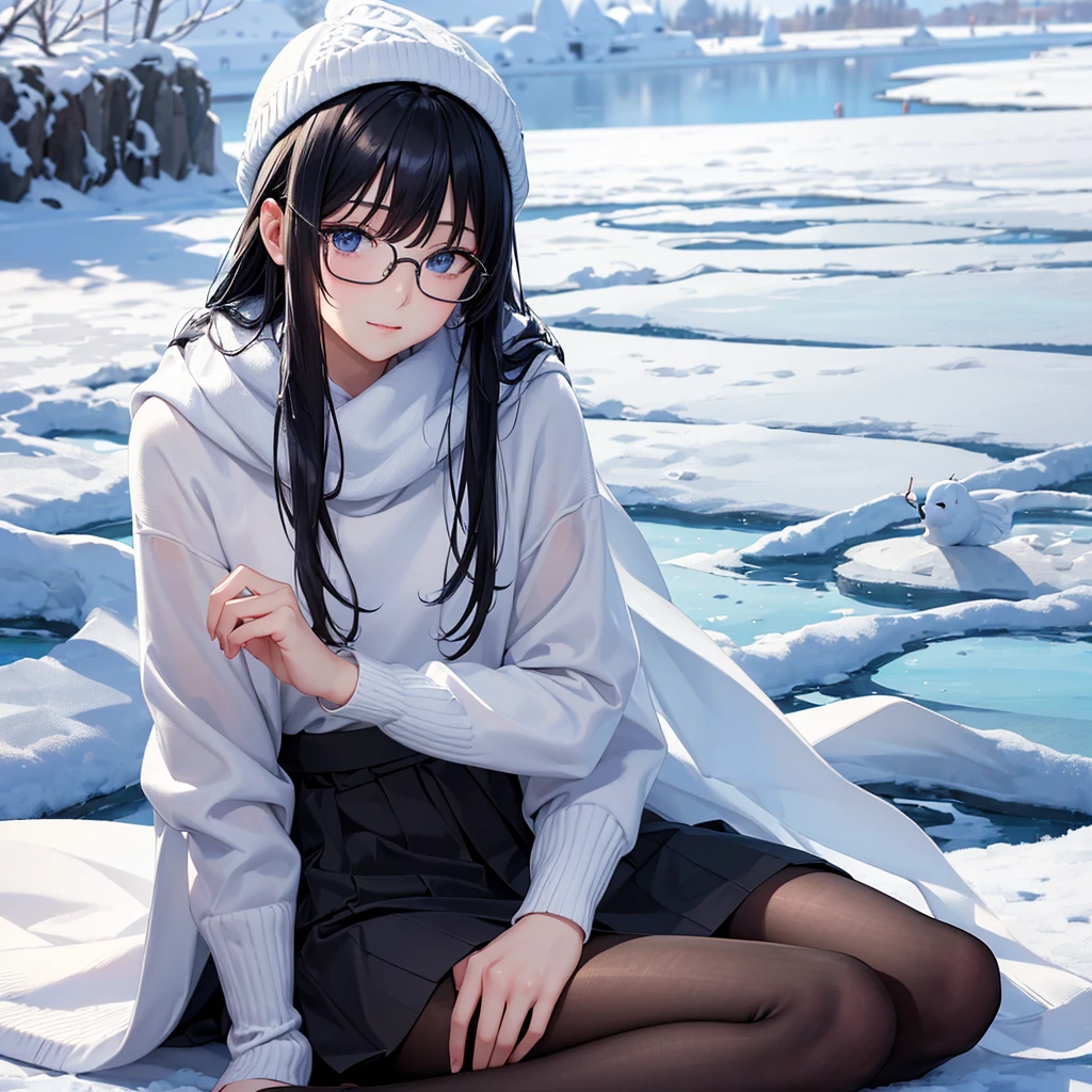 ((masterpiece、highest quality、detailed))、4k、8k、Haigress、(Glasses),(beautiful black hair,transparent hair, translucent hair:1.2),(silky hair, shiny hair, straight long 1.3),messy hair、knit hat、(beautiful blue eyes, translucent eyes girl:1.1)、(guy wearing the same thing but male outfit) Scarf、sweater、asymmetric skirt、pantyhose、coat、girl sitting with an asian guy、slight smile、mature、detailed、((sunlight、shine、snow、snow、frozen lake、sparkling lake))
