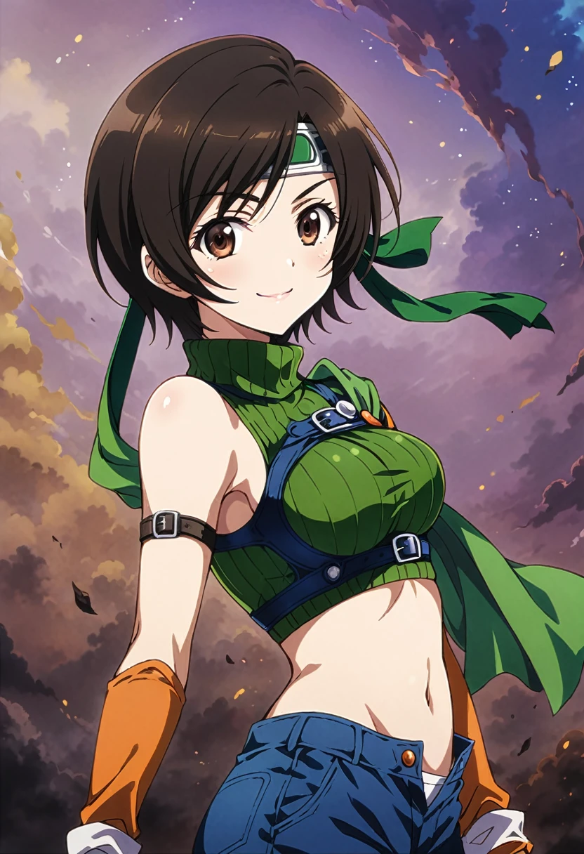 score_9, score_8_up, score_7_up,,BREAK source_anime, from side,side view,,(arms in sides).,medium shot,looking_at_viewer,1girl, yuffie kisaragi, final fantasy, short hair,headband,navel,sleeveless,turtleneck,brown eyes,sleeveless turtleneck,solo,breasts,looking at viewer,smile,gloves,crop top,brown hair,shorts,midriff,,sweater,open fly,fingerless gloves,ribbed sweater,medium breasts,,smile,smug,(best quality),(aesthetic,very aesthetic),masterpiece,(high-resolution), (anime screenshot:0.5),(mid),(superior contrast.ultra sharp).