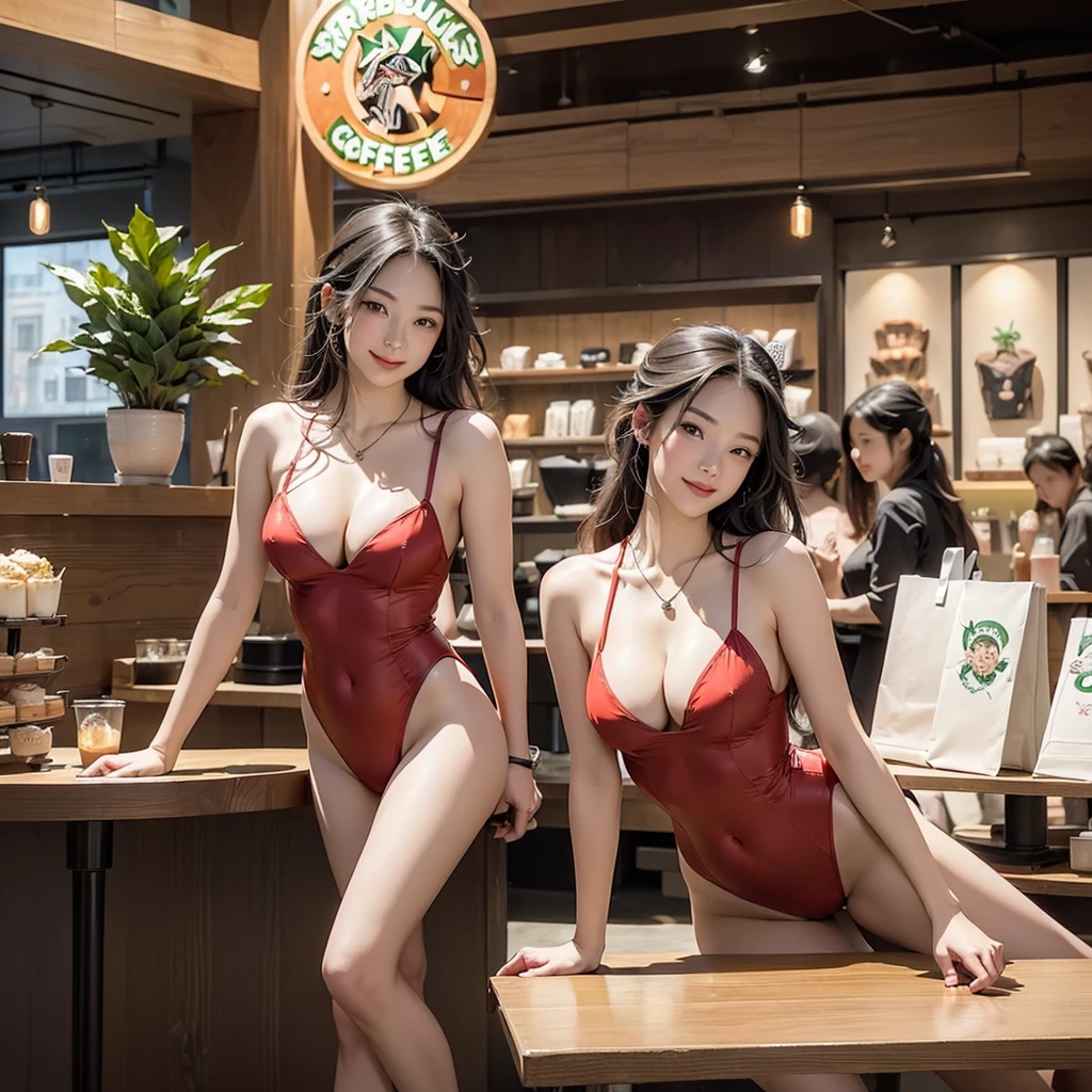 (((((((((Emphasize ))))))))) 


(((((((((Woman wearing a red high-leg leotard)))))))))
((((((White skin))))))

(((((((((Full body photo)))))))))
 (((((((お洒落でcuteInside the Starbucks store))))))) 
8k、RAW Photos、Highest quality、Super detailed、Super Resolution、Ultra HD、8k wallpaper、Amazing details 

(((((((((((Inside the Starbucks store)))))))))))、
 ((((((Sit down and eat cake、Drink Starbucks coffee、smile))))))、((Heart Necklace)) Modern and sleek design：Interior design using natural materials、Many of the designs are warm and made using wood and metal.。 Large windows：自然光をたっぷり取り入れるためのLarge windowsがあり、Providing a bright and open space。 Green Interior：Potted plants are effectively placed、It creates a relaxing atmosphere。 artwork：Works by local artists、Starbucks-related art on display。 Cozy seating：Cushioned chairs and sofas、Bar sheet etc.、A variety of seating options available。 Open kitchen area：Being able to see how drinks and food are made、We provide peace of mind and transparency。 Unique lighting：Antique lamps and chandelierodern lighting fixtures are used。 Comfortable background music：Relaxing music is playing、A comfortable space is provided。 Wide々Table space：一人でもグループでも使いやすいWide々There is a table with。 Community Table：There is a large table where you can socialize with other customers.。 Seasonal decorations：The decorations are themed according to the season.。 Design with a local feel：The design incorporates the local culture and characteristics.。 Fragrance production：コーヒーの香りが店内にWideがり、A space that satisfies the five senses has been created.。 Conversation with a barista：フレンドリーなConversation with a baristaが楽しめるカウンターエリアがあります。 8k、RAW Photos、Highest quality、masterpiece:1.2、Super ailed、Super Resolution、Ultra HD、8k wallpaper、Amazing details、Photorealistic:1.4、Having fun by the water、Full Body Shot、Full body photo、High-resolution RAW color photos、Professional photos、A scene full of emotion、Very detailed and beautiful、Ultra HD、8k wallpaper、Amazing details、Huge file sizes、Highly detailed beautiful girls、Highly detailed face Highly detailed eyes、Extremely realistic skin、 Highly detailed fingers, Highly detailed nose, Highly detailed mouth, Perfect Anatomy, Highly detailed background, Highly detailed clothing, Teen, cute女Famous Japanese Idols, cute, Realistic body, Slender, White skin, Glowing Skin, Slim body, Realistic Face, Delicate eyes, double eyelid,



