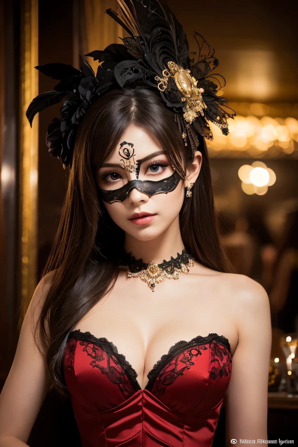 Create a full-body photo of a woman at a secret masquerade party. She is wearing an intricate Venetian mask and an elaborate costume, exuding elegance and mystery. Focus on her sophisticated appearance, highlighting her beautifully detailed eyes and lips. Ensure her face and features are meticulously detailed, with a complex mask design. The scene is set inside a bar with a modern interior and red lighting, creating a moody and enigmatic atmosphere. Use dramatic chiaroscuro lighting with rich shadows to enhance the cinematic quality. The lighting should be dim to emphasize the secretive feel. Ensure the image is of the highest quality, with 4k, 8k resolution, and a masterpiece level of detail. The style should be ultra-detailed, realistic, and photorealistic, with a rich, refined, and captivating color palette. Exclude any cold masks or mouth masks from the design.