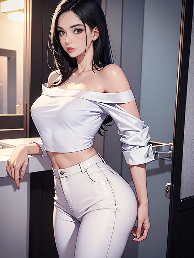1girl, high quality, high resolution, 4k, 22 year old beautiful very white asian girl, very slim, tall. black hair, off shoulder, sexy secretary clothes, trousers, shirt, lips, realistic, nose, flirting with camera, bending on bathroom stall, nice ass, looking seductively at viewer