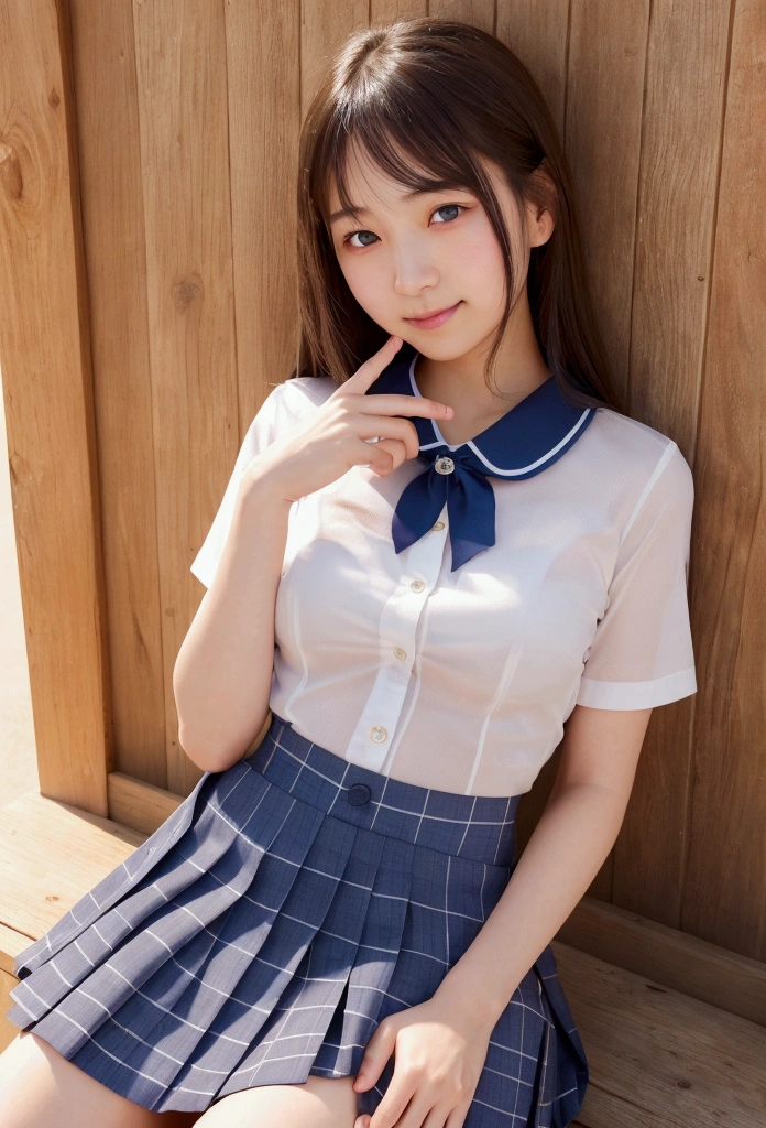 Highest quality, Put the whole body in the frame, Soft Light, Ultra-high resolution, (Realistic:1.4), RAW Photos, 1 Japanese girl, alone, cute, (pupil, Light in your eyes), Beautiful face in every detail, (Small box),(High resolution detail of human skin texture), (Long Hair), (Portraiture),Turn around,School,high school girl,Navy blue uniform,Checked Skirt,blue sky,meteor,little finger、promise、Embarrassed smile、Sweat、C cup、Backwards、Panty shot,underwear、pastel colour、Transparent、lingerie、Spread your legs、Thin legs、