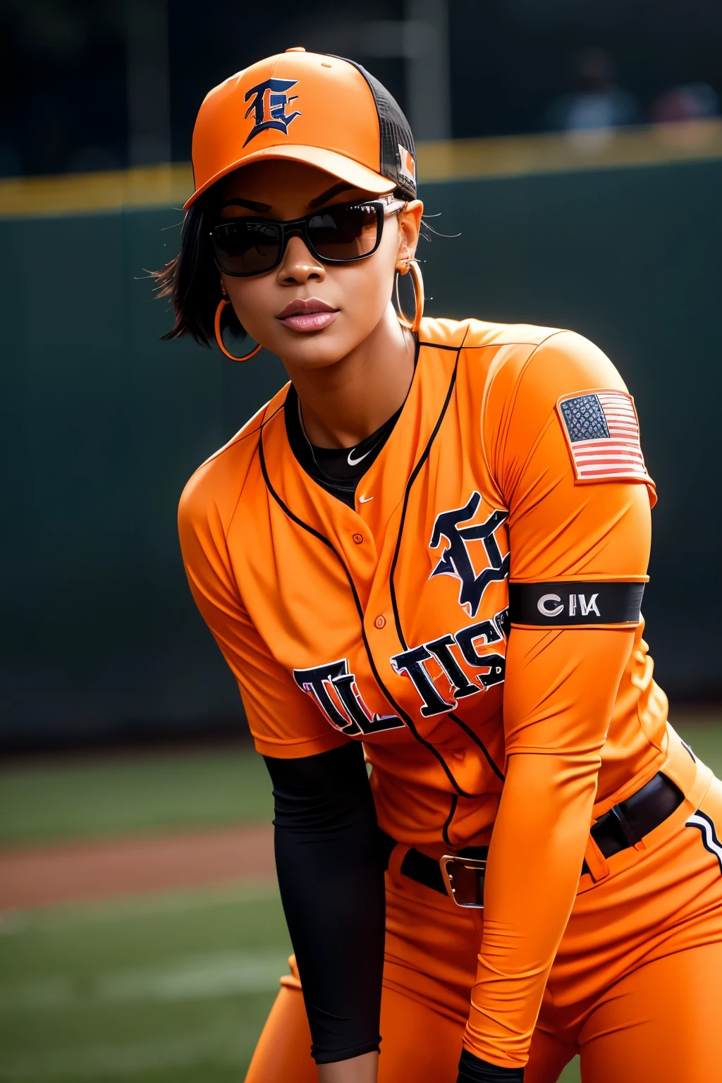 Objective: Capturing the essence of a powerful and captivating baseball player,
Neon orange: Attire: A vibrant and bold neon orange long-sleeve baseball jersey, emblazoned with "Tigers" on the chest and featuring a Button gap of -1, paired with tight-fitted neon orange long pants that showcase her athletic figure. Completing the look are knee pads and elbow pads for protection during gameplay. She wears a baseball cap with decorative lettering "T" and a sleek black visor, accentuated by short hair and stylish sunglasses. Her unique style includes hairpods, hoop earrings,