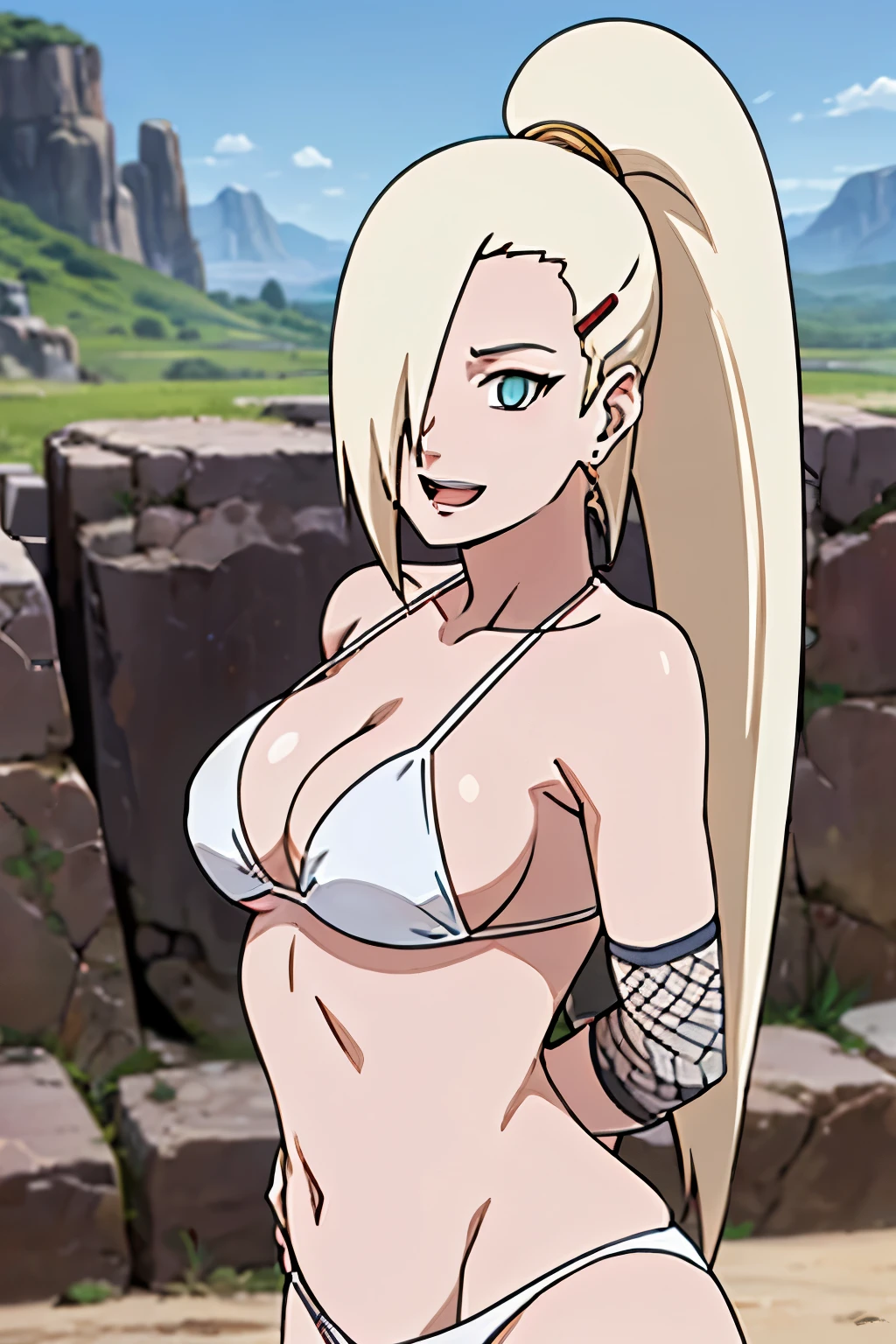 (White bikini:1.5), Ino yamanaka, looking at the viewer, gorgeous, attractive, groin, cowboy shot, ultra detailed face, sunny day, day time, upper body view, anime style, solo, detailed flower field, blonde, (focus on breasts), ((one eye covered with hair, hair over eye, ponytail)), (medium breasts), belly button, looking at the viewer, thick arms, (off-shoulders, wide shoulders, curving body), hidden eye, smile, open mouth, very happy, tall, hair clip, sharp look, sharp face, sharp eye, cold colors,
