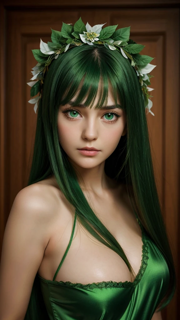 a girl. face sent feeling. Europe. Oval face. long face. delicate facial features. sad eyes. seductively seductive. green eyes. long straight hair. green hair. wreath on head. sad expression. big breasts. Sexy green silk nightgown. straight face