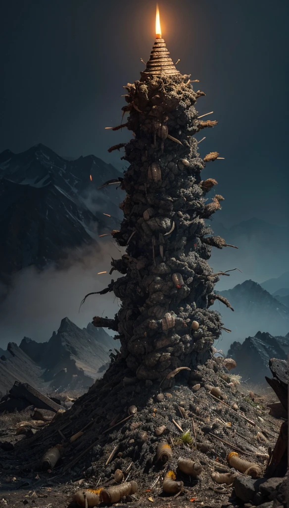 A mountain of huge gray maggots,The body is covered with burning incense,Chinese elements,Chinese horror。Lovecraftian atmosphere