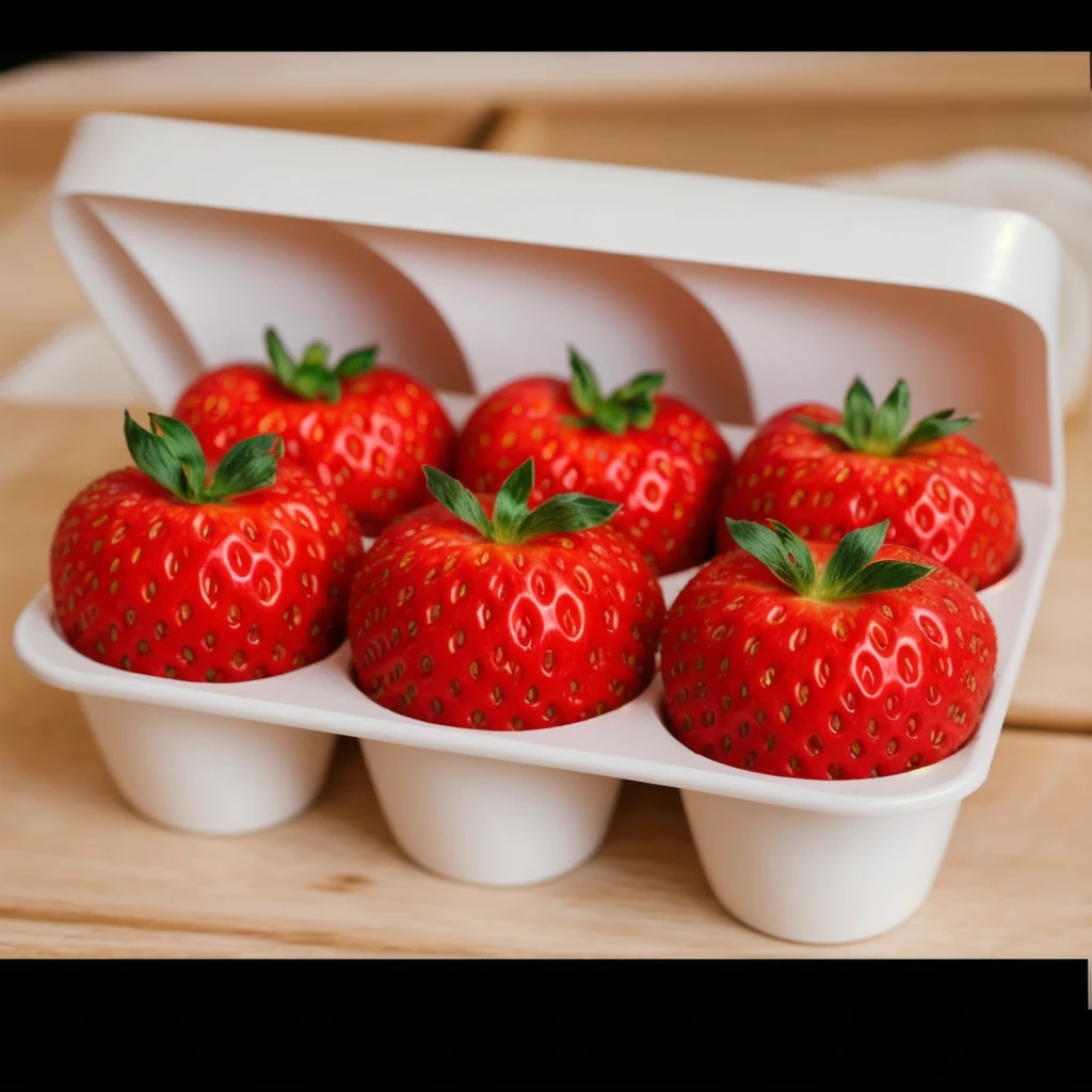 on a wooden table, in a paper egg tray, there are 6 strawberries instead of eggs, strawberries in an egg tray, realistic texture, realistic style, detailed texture, high quality, high resolution, high quality rendering, realistic photo, brightning light, macro photo