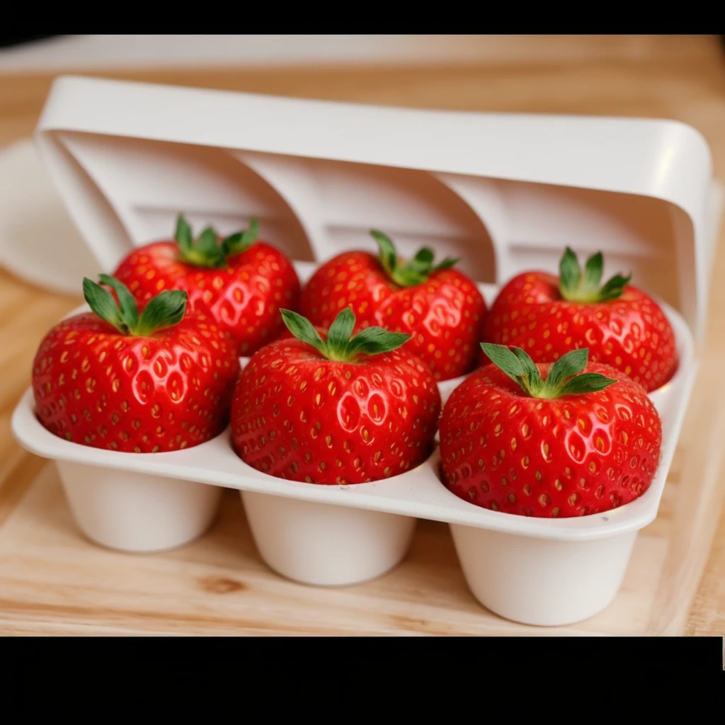 on a wooden table, in a paper egg tray, there are 6 strawberries instead of eggs, strawberries in an egg tray, realistic texture, realistic style, detailed texture, high quality, high resolution, high quality rendering, realistic photo, brightning light, macro photo