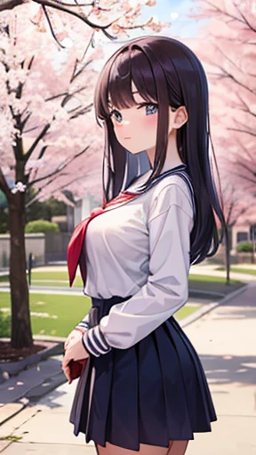 A middle school girl wearing long sleeves 、Standing in front of the school building with cherry blossoms in bloom、Cowboy Shot、Hands in front、from the front,throw、Large breasts