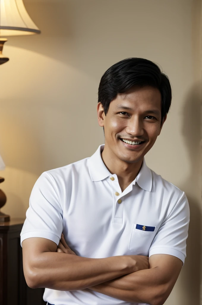jose rizal smiling and crossing arms wearing white polo