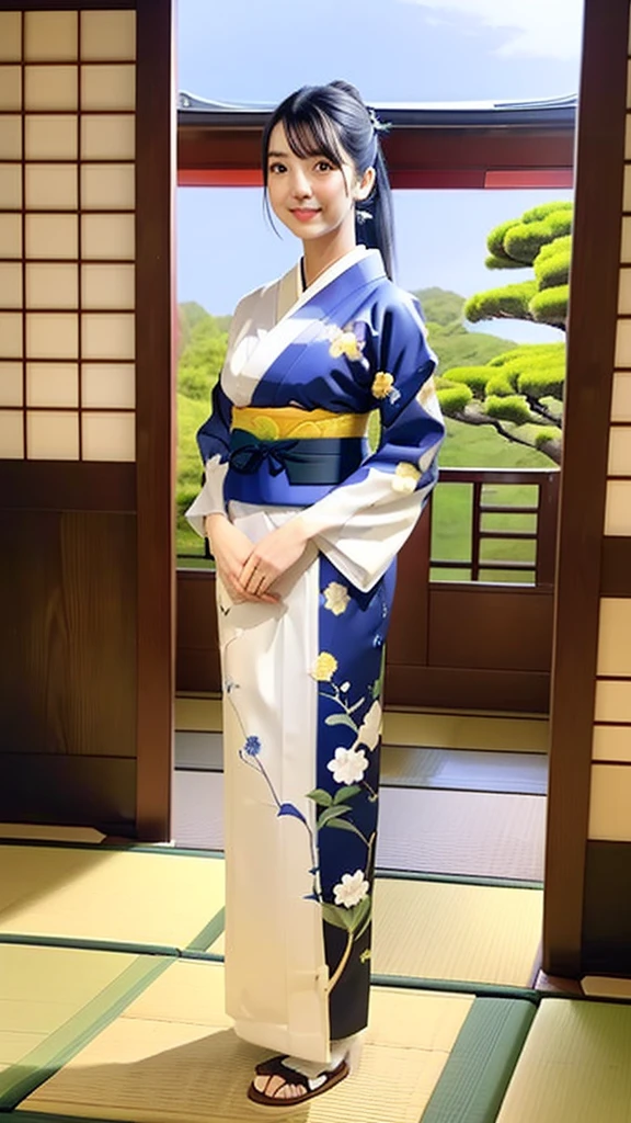 (One girl), masterpiece, Highest quality, Ultra-Realistic Capture, Very detailed, High resolution 16k, pretty girl, Natural white skin, (((large breasts with natural sagging:0.6, Height: 145cm, Round face, Black Hair, ponytail, Dark brown eyes, Thin lips, Thin eyebrows))), Kyoto,Long-established luxury inn, Traditional Japanese room, Wear a traditional kimono from Japan, The kimono is mainly white.、Small blue flowers like morning glory are scattered all over the place.., The obi is made of natural silk and is white., A gentle smile, The windows leading to the corridor overlook the Japanese garden..