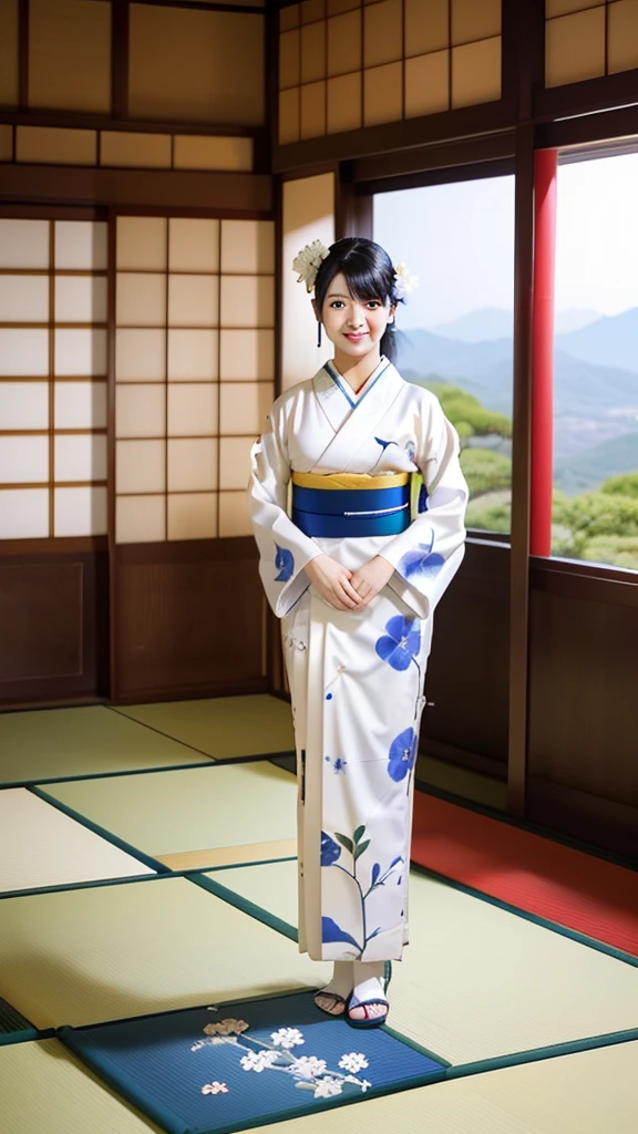 (One girl), masterpiece, Highest quality, Ultra-Realistic Capture, Very detailed, High resolution 16k, pretty girl, Natural white skin, (((large breasts with natural sagging:0.6, Height: 145cm, Round face, Black Hair, ponytail, Dark brown eyes, Thin lips, Thin eyebrows))), Kyoto,Long-established luxury inn, Traditional Japanese room, Wear a traditional kimono from Japan, The kimono is mainly white.、Small blue flowers like morning glory are scattered all over the place.., The obi is made of natural silk and is white., A gentle smile, The windows leading to the corridor overlook the Japanese garden..