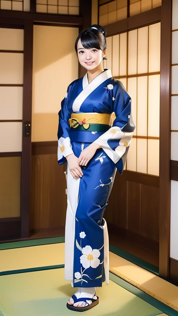 (One girl), masterpiece, Highest quality, Ultra-Realistic Capture, Very detailed, High resolution 16k, pretty girl, Natural white skin, (((large breasts with natural sagging:0.6, Height: 145cm, Round face, Black Hair, ponytail, Dark brown eyes, Thin lips, Thin eyebrows))), Kyoto,Long-established luxury inn, Traditional Japanese room, Wear a traditional kimono from Japan, The kimono is mainly white.、Small blue flowers like morning glory are scattered all over the place.., The obi is made of natural silk and is white., A gentle smile, The windows leading to the corridor overlook the Japanese garden..