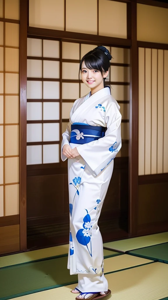 (One girl), masterpiece, Highest quality, Ultra-Realistic Capture, Very detailed, High resolution 16k, pretty girl, Natural white skin, (((large breasts with natural sagging:0.6, Height: 145cm, Round face, Black Hair, ponytail, Dark brown eyes, Thin lips, Thin eyebrows))), Kyoto,Long-established luxury inn, Traditional Japanese room, Wear a traditional kimono from Japan, The kimono is mainly white.、Small blue flowers like morning glory are scattered all over the place.., The obi is made of natural silk and is white., A gentle smile, The windows leading to the corridor overlook the Japanese garden..