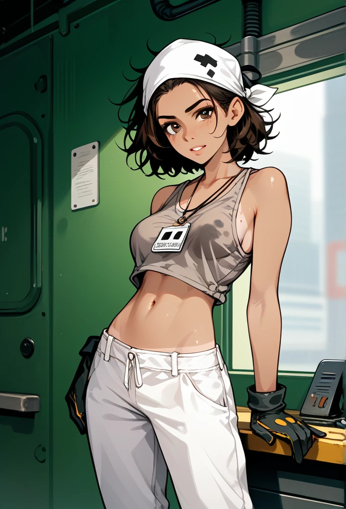 masterpiece, best quality, mature woman, messy hair, black hair, brunette gradient hair color, hot face, (tomboy face), tan skin, mature body, fit body, medium breasts, mechanic gloves, (dirty tank top), stained tank top, midriff, white bandana, mechanic pants, loose pants, blacksmith