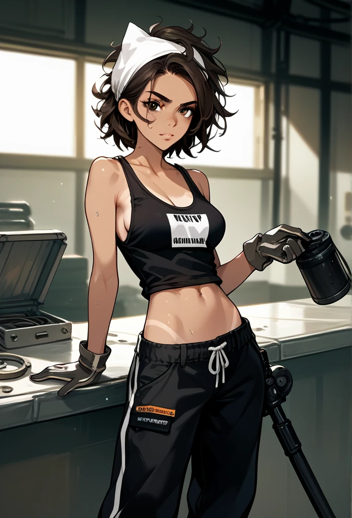 masterpiece, best quality, mature woman, messy hair, black hair, brunette gradient hair color, hot face, (tomboy face), tan skin, mature body, fit body, medium breasts, mechanic gloves, (dirty tank top), stained tank top, midriff, white bandana, mechanic pants, loose pants, blacksmith