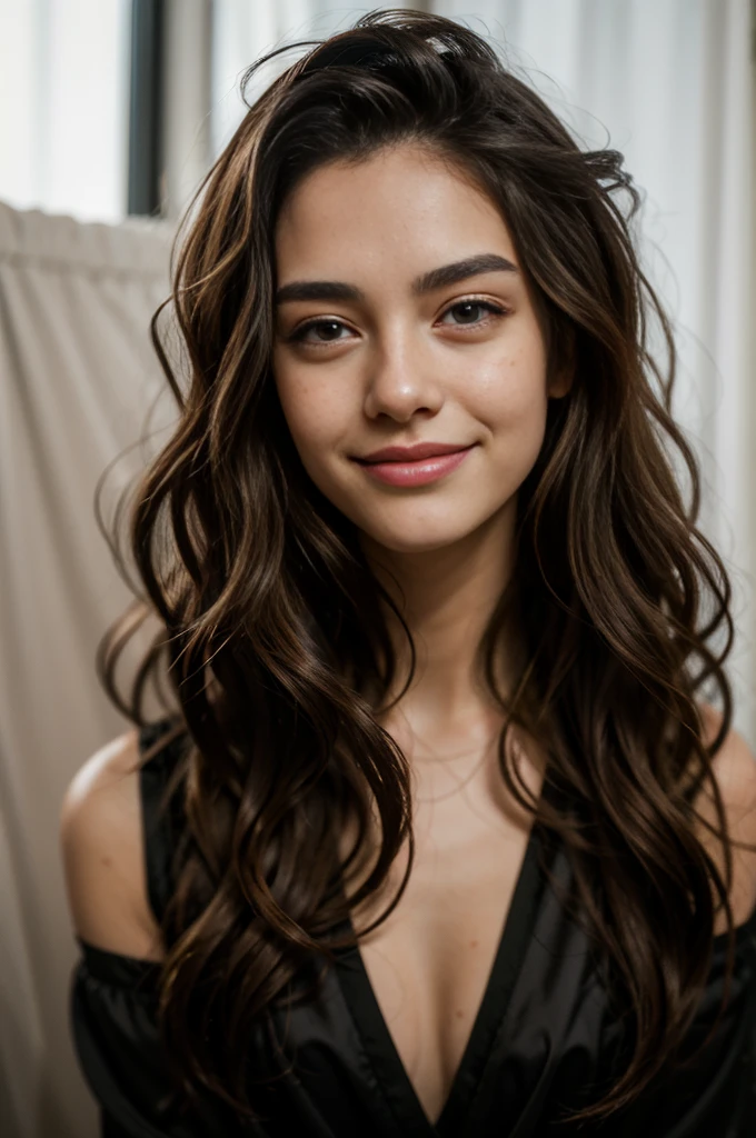 15 year old woman, long brown hair, professionally styled hair and makeup, model photoshoot, masterpiece, photorealistic, high definition, flowing black dress, photostudio, studio lighting, cinematic shot, raw photo, film grain, pale skin, freckles, wide hips, small head, tiny head, (((Broad shoulders))), Smiling, happy
