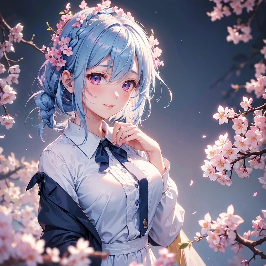 (Light blue medium hair),(Braided hair tied together)、Pink eyes、Fair skin、(whole body)、(uniform)、Cherry Blossoms at Night、A big smile、A dignified figure、solo、(masterpiece、Highest quality、Very detailed、Best Shadow)、(Detailed Background)、(Beautifully detailed face)、High contrast、(Best lighting、Very delicate and beautiful)、((Cinematic Light))、colorful、Hyper Detail、Dramatic Light、Exquisite detail、