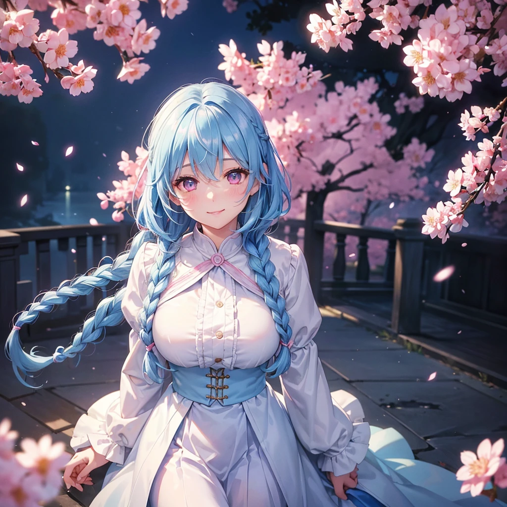 (Light blue medium hair),(Braided hair tied together)、Pink eyes、Fair skin、(whole body)、(uniform)、Cherry Blossoms at Night、A big smile、A dignified figure、solo、(masterpiece、Highest quality、Very detailed、Best Shadow)、(Detailed Background)、(Beautifully detailed face)、High contrast、(Best lighting、Very delicate and beautiful)、((Cinematic Light))、colorful、Hyper Detail、Dramatic Light、Exquisite detail、