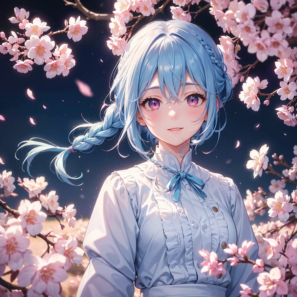 (Light blue medium hair),(Braided hair tied together)、Pink eyes、Fair skin、(whole body)、(uniform)、Cherry Blossoms at Night、A big smile、A dignified figure、solo、(masterpiece、Highest quality、Very detailed、Best Shadow)、(Detailed Background)、(Beautifully detailed face)、High contrast、(Best lighting、Very delicate and beautiful)、((Cinematic Light))、colorful、Hyper Detail、Dramatic Light、Exquisite detail、