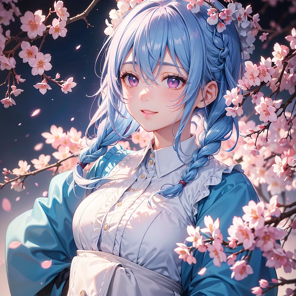 (Light blue medium hair),(Braided hair tied together)、Pink eyes、Fair skin、(whole body)、(uniform)、Cherry Blossoms at Night、A big smile、A dignified figure、solo、(masterpiece、Highest quality、Very detailed、Best Shadow)、(Detailed Background)、(Beautifully detailed face)、High contrast、(Best lighting、Very delicate and beautiful)、((Cinematic Light))、colorful、Hyper Detail、Dramatic Light、Exquisite detail、