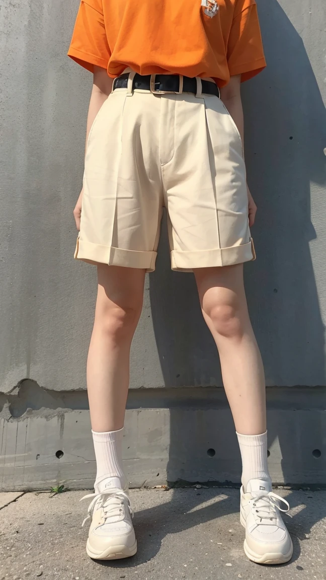 From below, below-view of a South Korean woman in her 40's standing. She is wearing an orange polo shirt, belt, beige chino shorts, white knee-high socks, and white tennis shoes. Her shoes are visible.