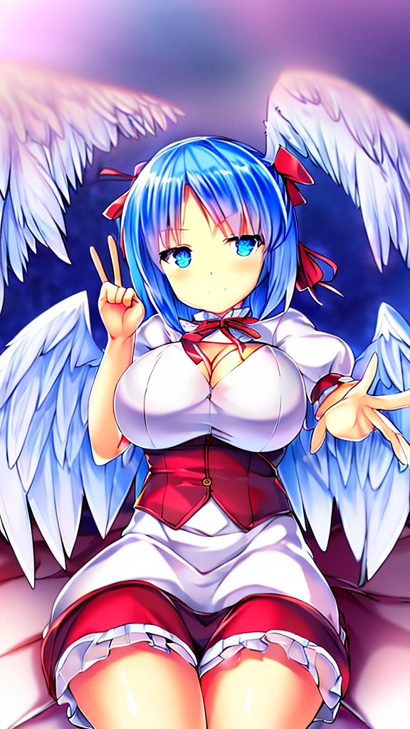(best quality,4k,8k,highres,masterpiece:1.2), ultra-detailed, highly detailed texture, intricate details, high quality textures, A cute teenage angel with blue eyes, drawn in anime style, 1girl, , , 10 years old, medium blue hair, hair flaps, pink ribbon on head, well-formed face, blue eyes, angel girl, white blouse, puffy short sleeves, red ribbon, angel wings, long white skirt, red shoes, frills, ribbon head, A pair of angel wings on the back, clean line drawings, from behind, to lift up one’s skirt, cowboy shot, from front, standing , raise one leg, crossed arms, arms up behind, arms behind back, hand between legs, put hands hip, one hand on hip, forward hands, arms raised in the air, punch hands, peace sign, waving, put up index finger, sit, lie down, closed eyes, lie face down, looking back, put one hand chest, leaning forward, cleavage, close up, horizontally outstretched arms, horizontally outstretched legs, front view, front face, huge breasts for short stature