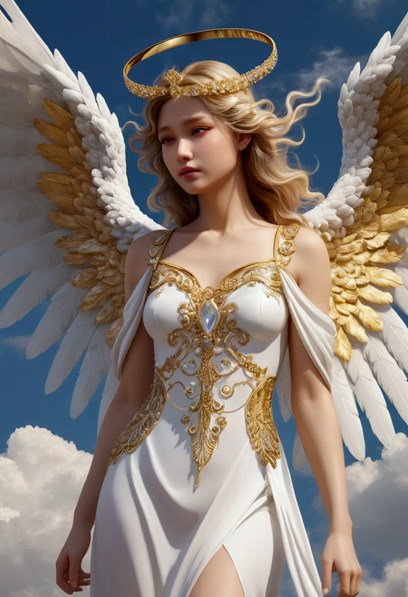 masterpiece, Very high quality,Angel, Light, (cloud:1.3), fly in the sky, white Angel wings, Hello, Mixed Hair, Gold coloring