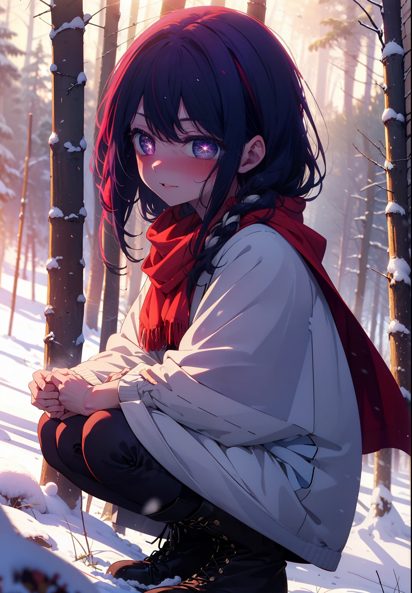 aihoshino, Ai Hoshino, Long Hair, bangs, (Purple eyes:1.1), Purple Hair, (Symbol-shaped pupil:1.5), smile,,smile,blush,white breath,
Open your mouth,snow,Ground bonfire, Outdoor, boots, snowing, From the side, wood, suitcase, Cape, Blurred, , forest, White handbag, nature, Squat, Mouth closed, Cape, winter, Written boundary depth, Black shoes, red Cape break looking at viewer, Upper Body, whole body, break Outdoor, forest, nature, break (masterpiece:1.2), Highest quality, High resolution, unity 8k wallpaper, (shape:0.8), (Beautiful and beautiful eyes:1.6), Highly detailed face, Perfect lighting, Highly detailed CG, (Perfect hands, Perfect Anatomy),