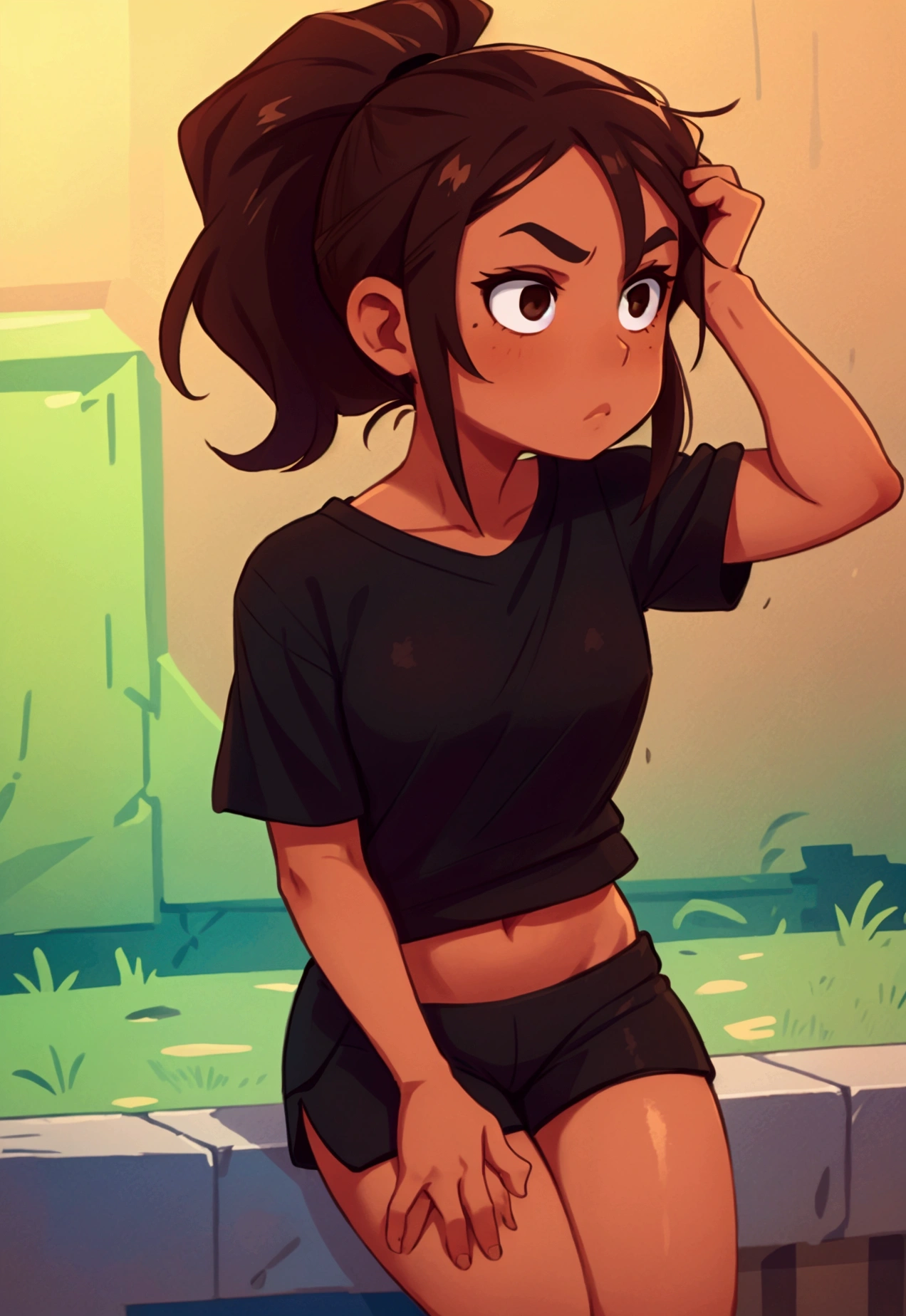 Brown hair, pulled back into a ponytail, Brown eyes, blank look, bright skin, black T-shirt and black shorts