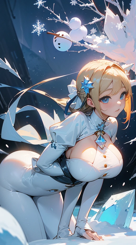 top-quality、Top image quality、masterpiece、s girl((snowman cosplay、sixteen years old、teenr、Best Bust、big bast,Beautiful light blue eyes、Breasts wide open, a blond、A slender,Large valleys、dye one's cheeks red、Leaning forward、White breath、Reflecting the whole body、Laugh、all-fours、Turn your buttocks)),hiquality、Beautiful Art、Background with((crystal city at night、snowflakes falling、Heavy snow falls、snowman、ice tower model、A world where snow piles up)))、masutepiece、depth of fields,