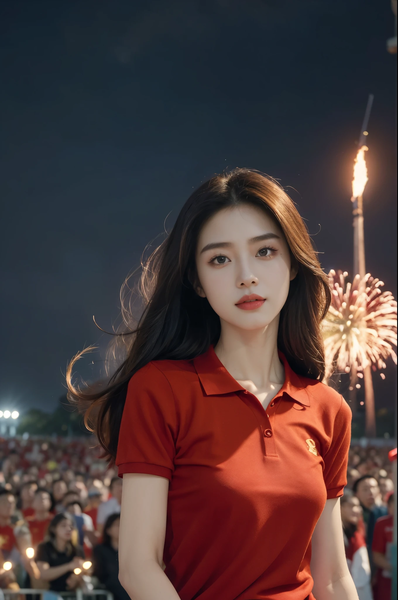 (((best quality))),(((ultra detailed))),(((masterpiece))),illustration, ((Olympic Opening Ceremony,in Paris,summer night,magnificent National stadium of France,Olympic flame, fireworks)),(crowded crowds of enthusiastic spectators:1.3),((a beautiful Chinese girl,solo)),((shoulder length straight hair:1.2)),((slim,thin)),((small breasts,flat chest)),(short sleeves:1.2),(collar:1.2),(red polo shirt:1.5),(yellow skirt:1.2), excited expression, awe, celebrating, electric atmosphere, sense of pride, excitement, playing field, crowd energy, unity, camaraderie, representing China, historic event, memorable moment,((from front,upper body))