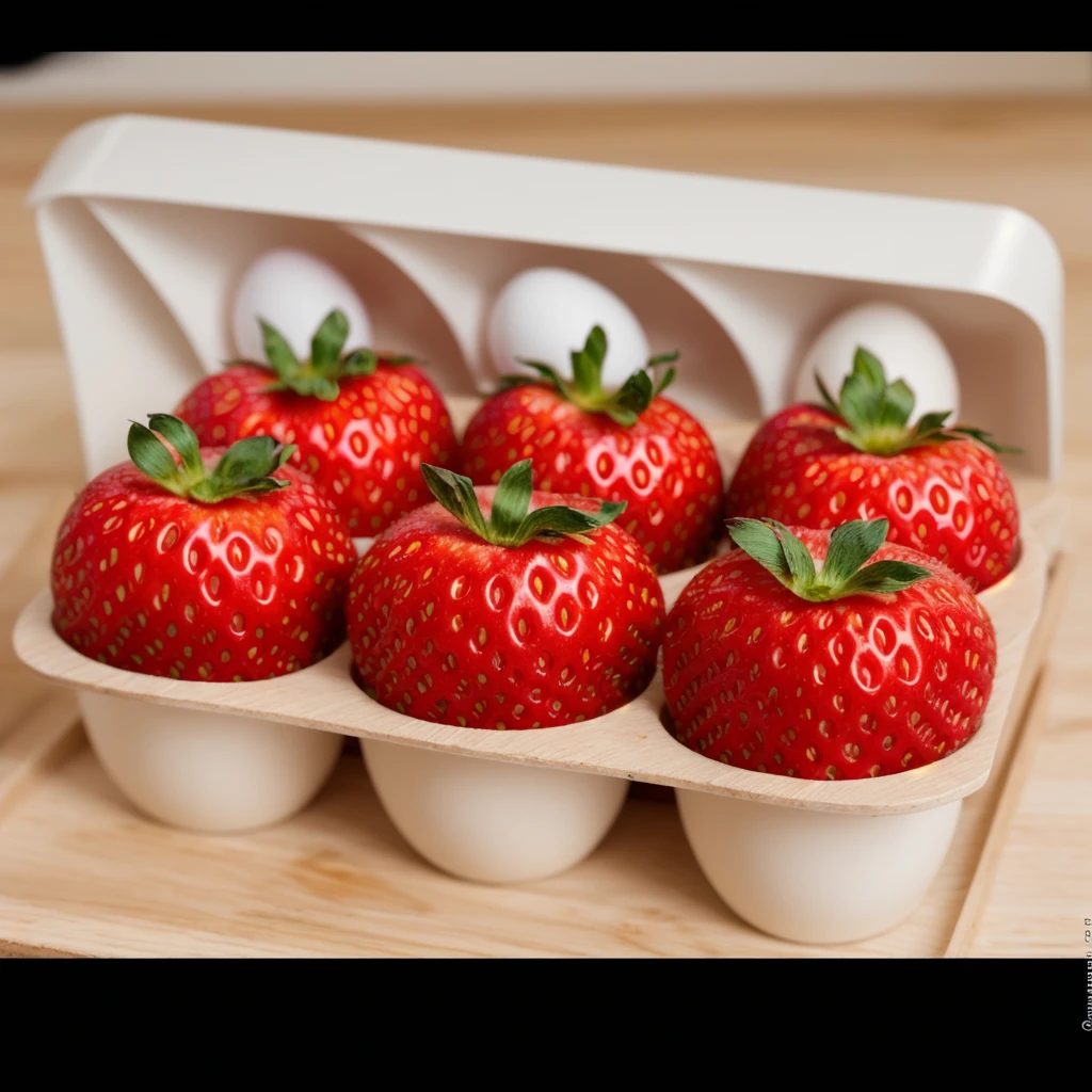 on a wooden table, in a paper egg tray, there are 6 strawberries instead of eggs, strawberries in an egg tray, realistic texture, realistic style, detailed texture, high quality, high resolution, high quality rendering, realistic photo, brightning light, macro photo