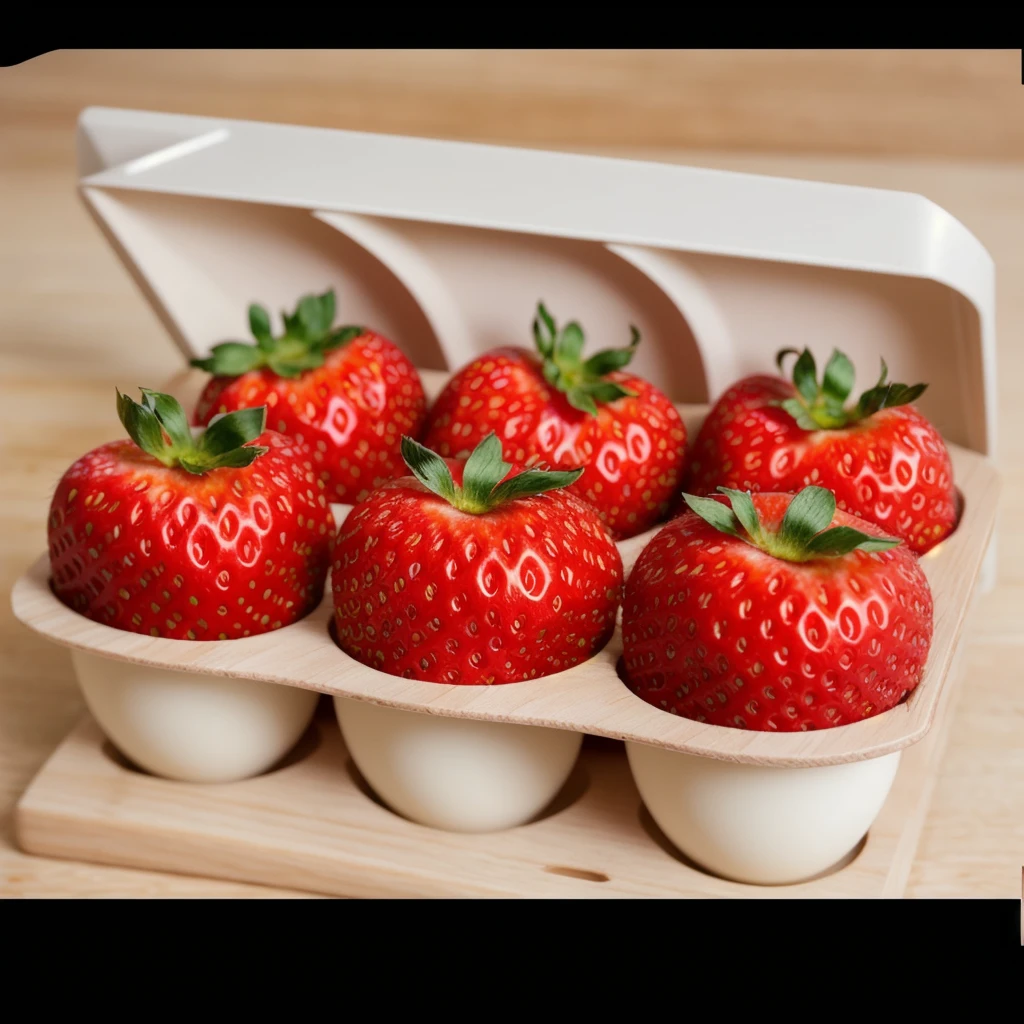 on a wooden table, in a paper egg tray, there are 6 strawberries instead of eggs, strawberries in an egg tray, realistic texture, realistic style, detailed texture, high quality, high resolution, high quality rendering, realistic photo, brightning light, macro photo