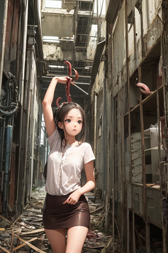 Girl captured by tentacles in abandoned factory　Tentacles in a skirt　Pants fabric texture　