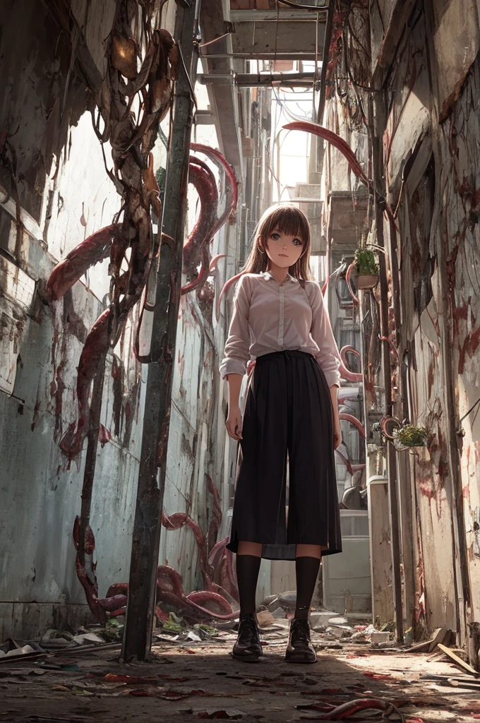 Girl captured by tentacles in abandoned factory Tentacles in a skirt Pants fabric texture