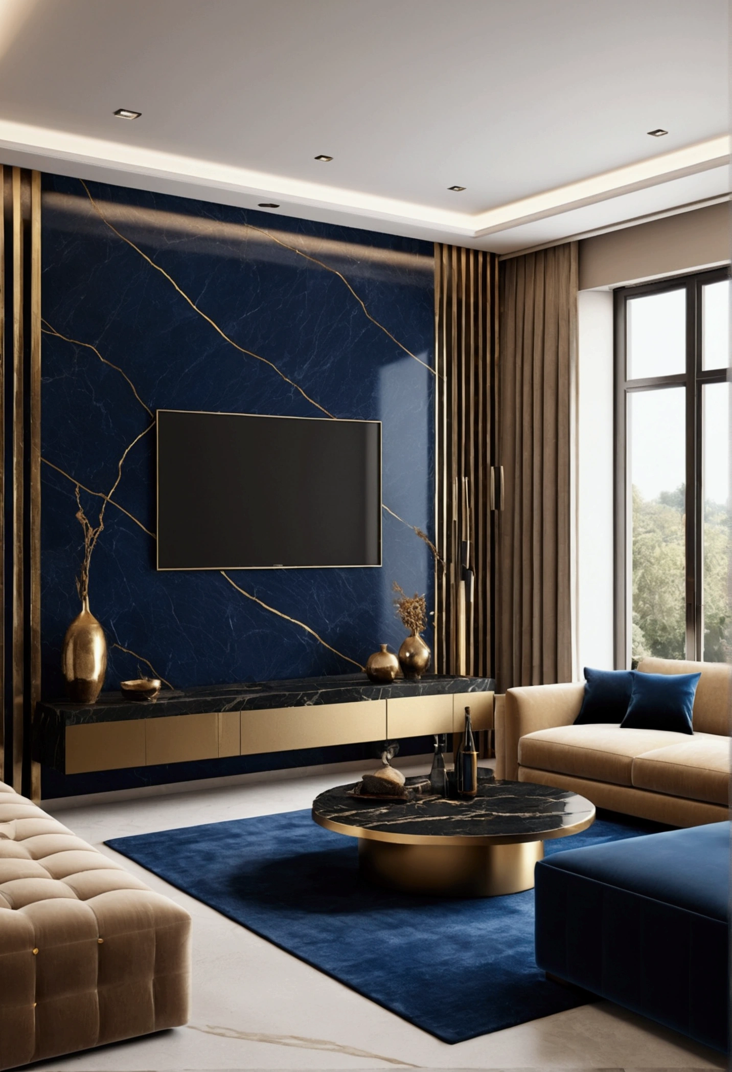 Professional 3D architecture rendering design of modern and minimal design for tv room with beige velvet sofa and dark blue velvet sofa and black slab stone with dark gold lines for tv wall and modern windows and accessories and sunny light