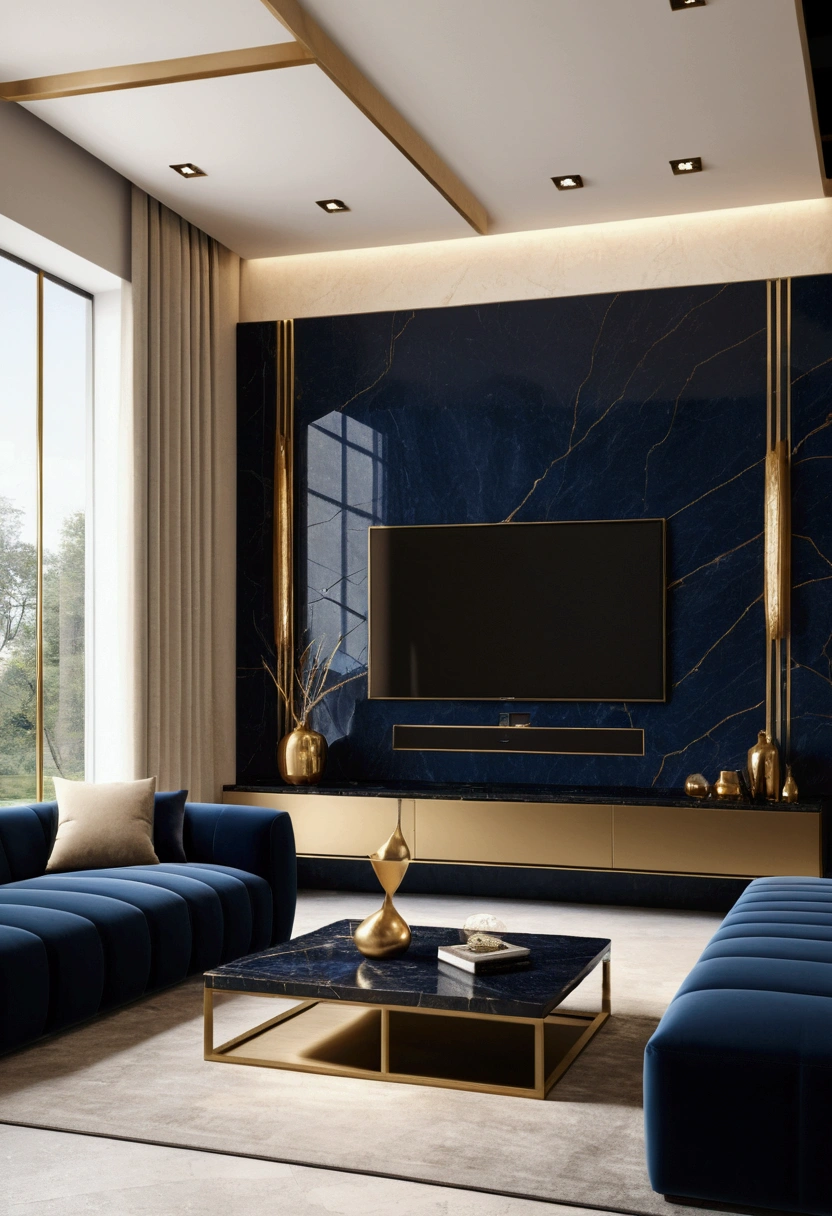 Professional 3D architecture rendering design of modern and minimal design for tv room with beige velvet sofa and dark blue velvet sofa and black slab stone  with dark gold lines for tv wall and modern windows and accessories and sunny light 