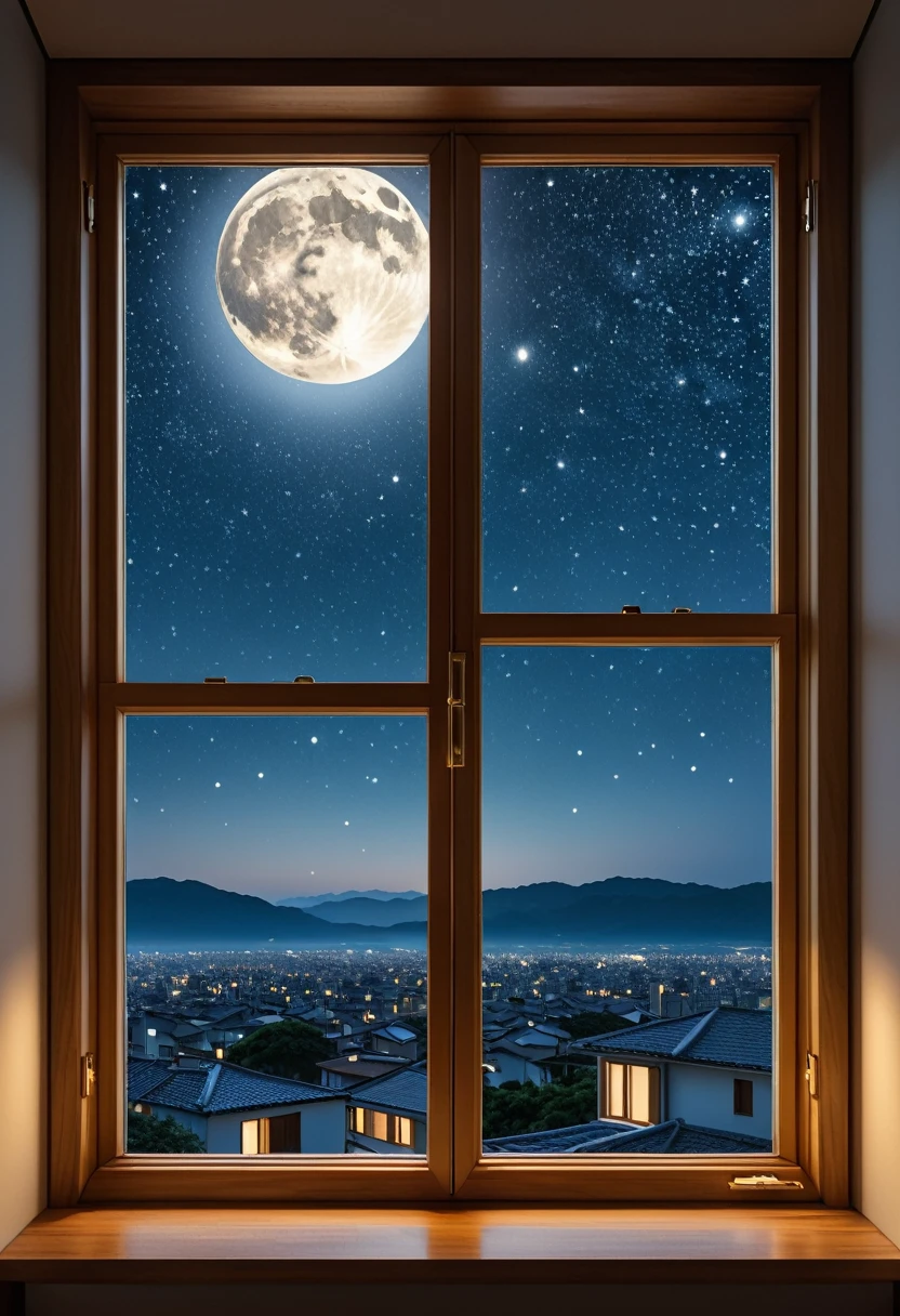 超High resolution, Attention to detail, high quality, High resolution, 最high quality, 4K, 8k,Real,windowから見る景色,Starry Sky,moon,window,room,床が反射面のように見えその下に果てしない深淵があるような錯覚を生み出すroomのトリックアー,