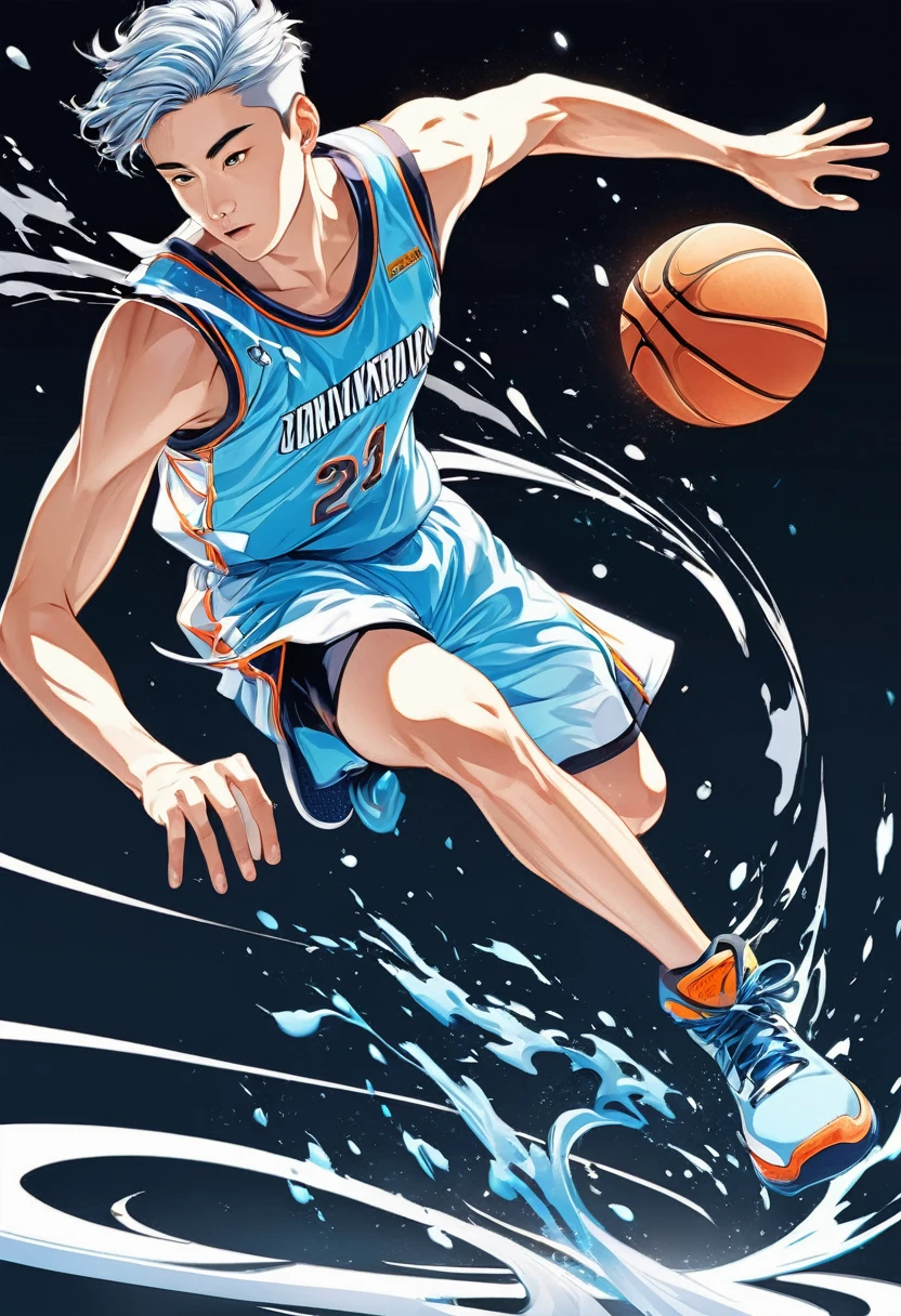 ( Exactly correct anatomy )Close-up of a handsome oriental boy basketball player dunking a ball with a basketball in his hand,light blue wavy short hair quickly,
dynamic action poses, fast motion blur, flowing gradient,There is a sense of speed, High-definition and detailed art master, Vector Art Effects,
Fast flowing gradient ink, ETC. Elements bring a vivid and unique atmosphere to the work. Light and shadow effects. The use of light and shadow in vector art.
,Create a sense of three-dimensionality and movement with the simplicity of vector art、Pure expression