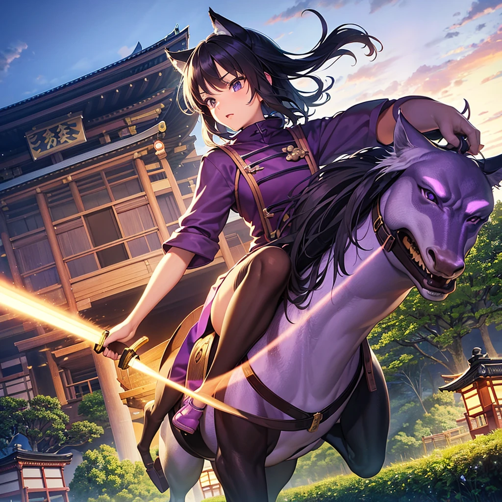 Masterpiece, top quality, 8k, girl in Ghibli style ninja outfit, riding on the back of a purple wolf. 15 years old, with a magical glowing sword. In front of Kinkakuji temple in Kyoto. Kinkakuji temple is on fire.