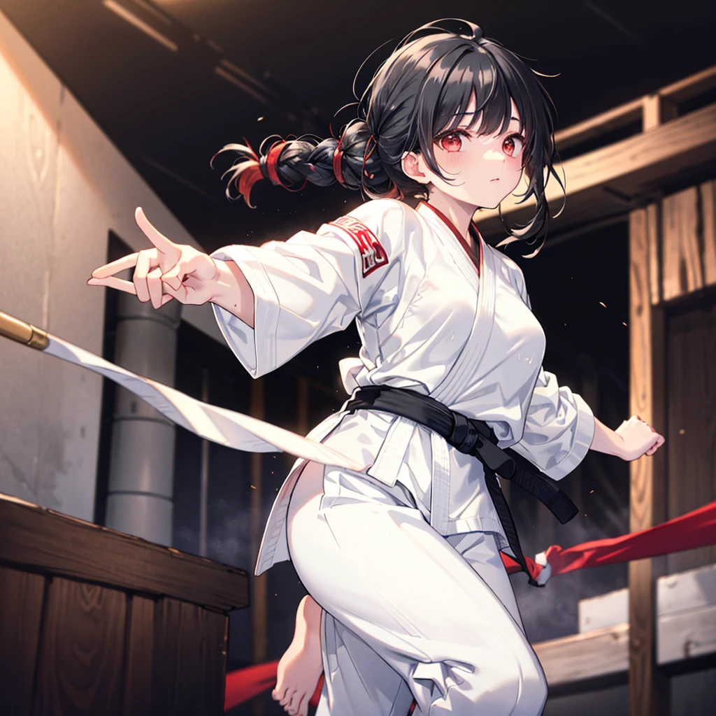 ((((Karate Kick Black belt)))) (((White Doshi White trousers Sweat Bright red eyes Black Hair Long Hair Tie your hair back))) ((Aura of Gold)) Shining Edge Shining Background