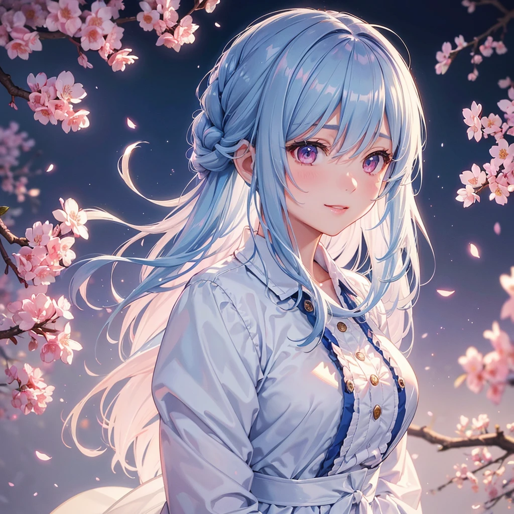 (Light blue medium hair),(Braided hair tied together)、Pink eyes、Fair skin、(whole body)、(uniform)、Cherry Blossoms at Night、A big smile、A dignified figure、solo、(masterpiece、Highest quality、Very detailed、Best Shadow)、(Detailed Background)、(Beautifully detailed face)、High contrast、(Best lighting、Very delicate and beautiful)、((Cinematic Light))、colorful、Hyper Detail、Dramatic Light、Exquisite detail、