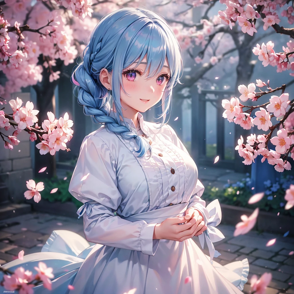 (Light blue medium hair),(Braided hair tied together)、Pink eyes、Fair skin、(whole body)、(uniform)、Cherry Blossoms at Night、A big smile、A dignified figure、solo、(masterpiece、Highest quality、Very detailed、Best Shadow)、(Detailed Background)、(Beautifully detailed face)、High contrast、(Best lighting、Very delicate and beautiful)、((Cinematic Light))、colorful、Hyper Detail、Dramatic Light、Exquisite detail、