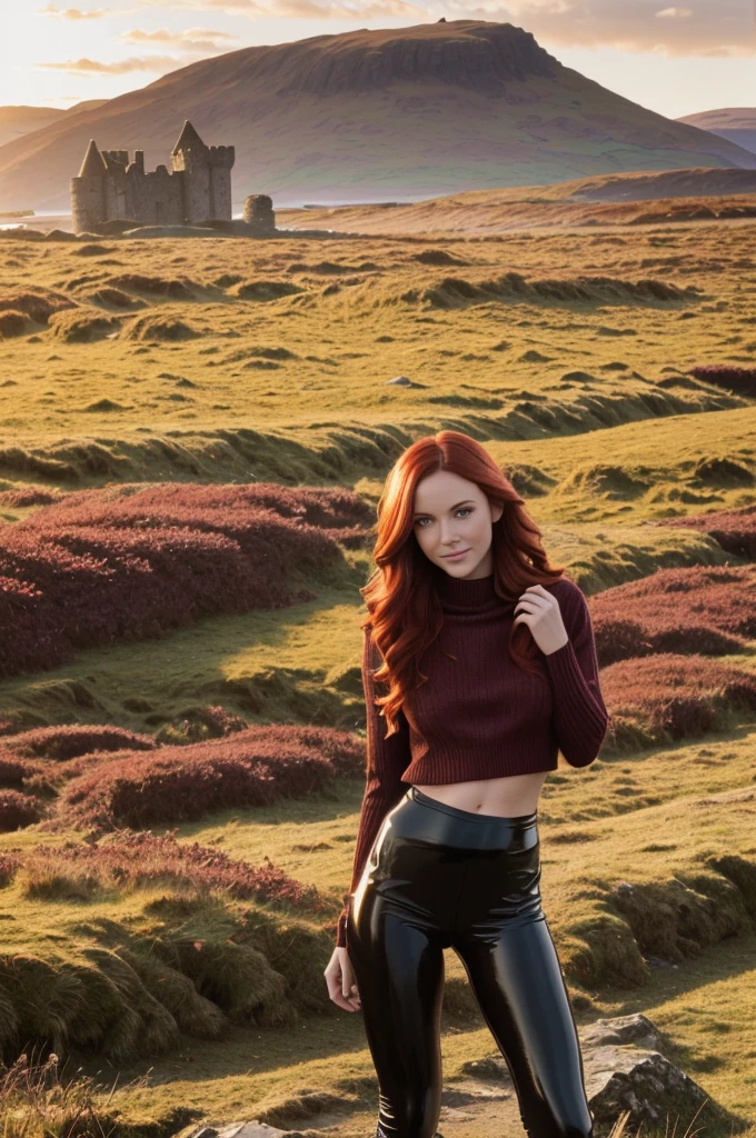a gorgeous European woman, wavy crimson red hair in the wind. she's a men magazine model, She has a subtle smile and flirts with the camera, (she wears leather shirt), (with a long wool sweater and pvc leggings:1.2),background landscape of Scotland Loch and Scottish castle ruins, (in sunset light:1.2),