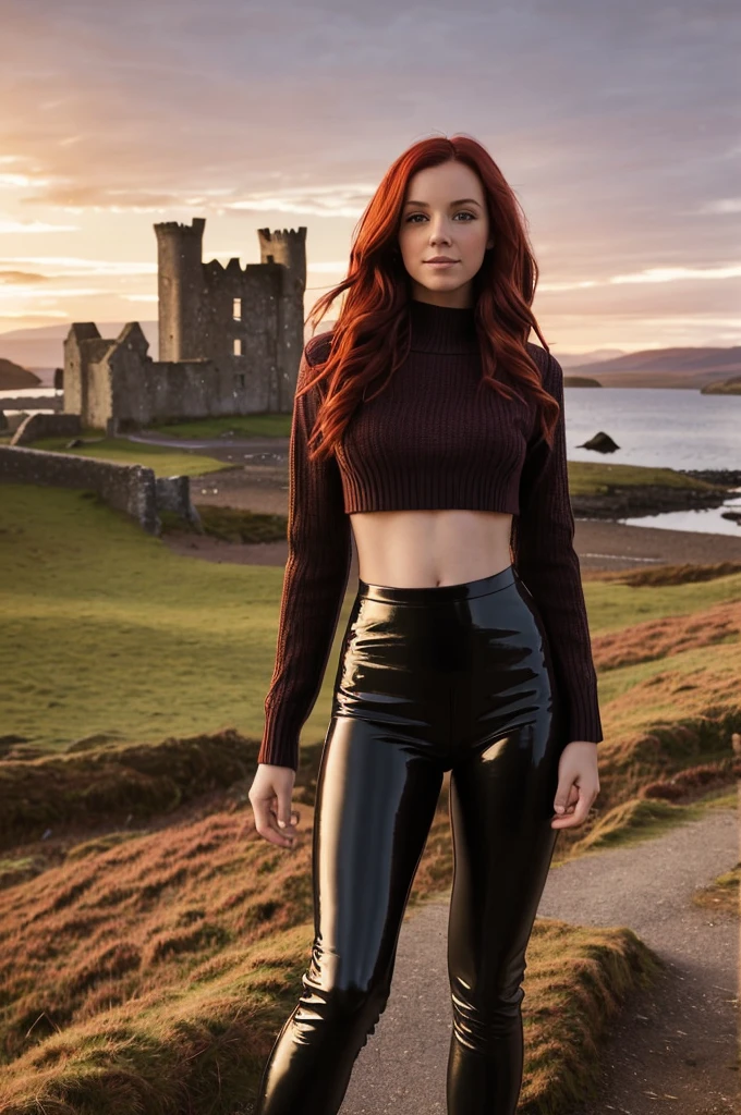 a gorgeous European woman, wavy crimson red hair in the wind. she's a men magazine model, She has a subtle smile and flirts with the camera, (she wears leather shirt), (with a long wool sweater and pvc leggings:1.2),background landscape of Scotland Loch and Scottish castle ruins, (in sunset light:1.2), 