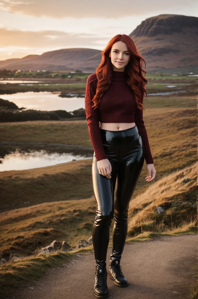 a gorgeous European woman, wavy crimson red hair in the wind. she's a men magazine model, She has a subtle smile and flirts with the camera, (she wears leather shirt), (with a long wool sweater and pvc leggings:1.2),background landscape of Scotland Loch and Scottish castle ruins, (in sunset light:1.2),