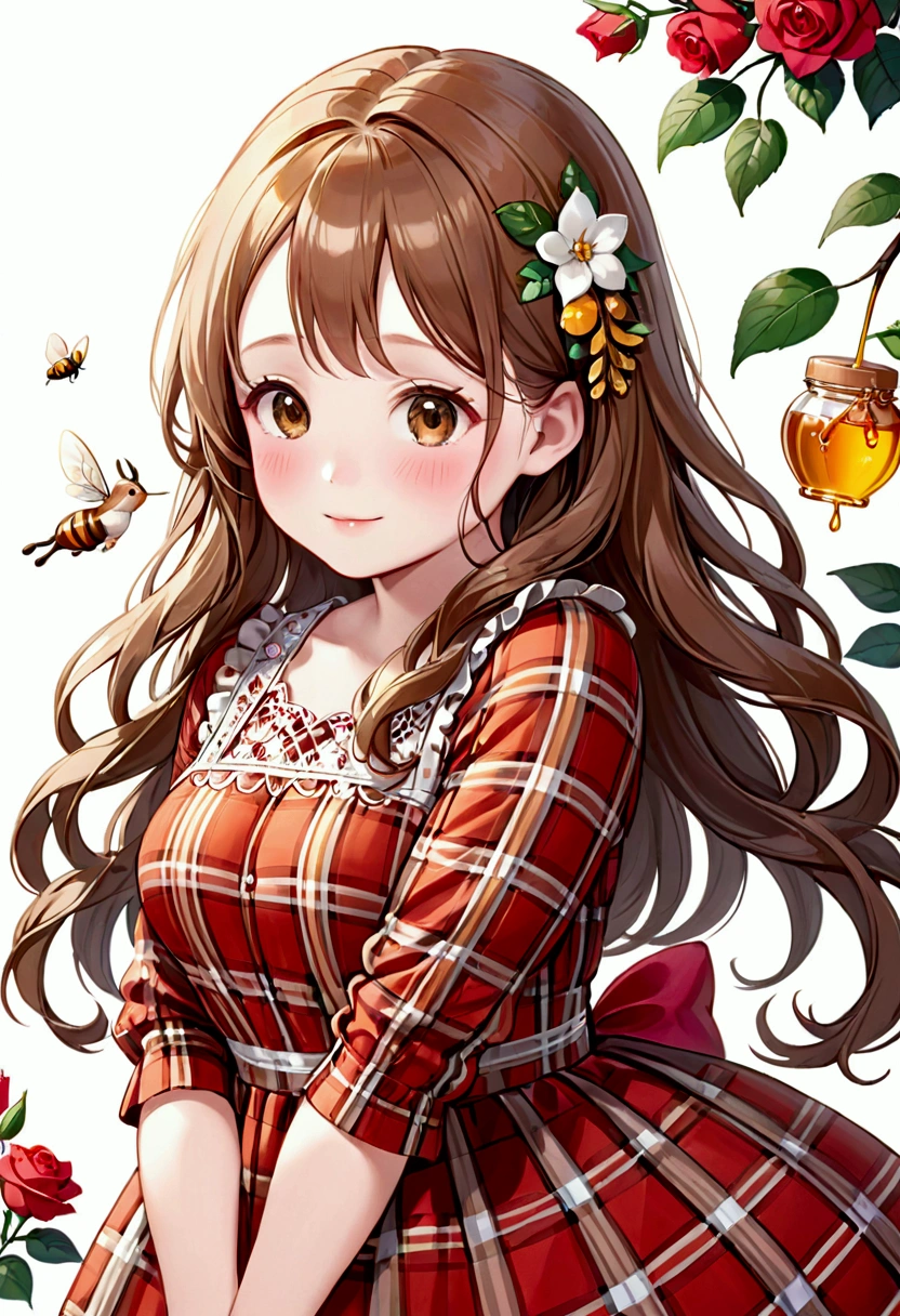 Very beautiful and sweet women, with innocent shy facial expression with sweet smile, long wavy honey brown hair, white skin complexion, brown doe eyes. Very detailed. cute plaid dress, blushing rosy cheeks, , chubby and adorable
