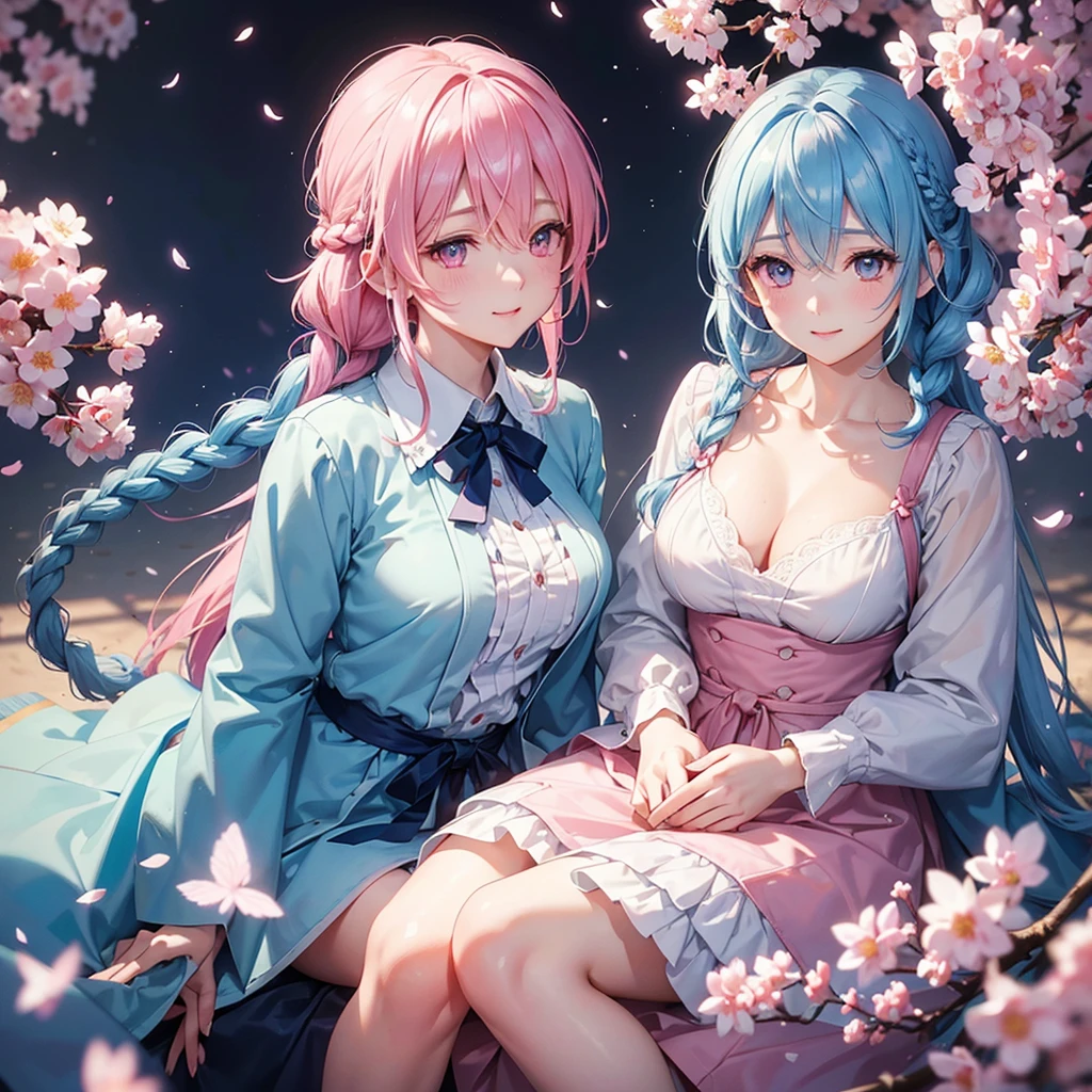 (Light blue medium hair),(Braided hair tied together)、Pink eyes、Fair skin、(whole body)、(uniform)、Cherry Blossoms at Night、A big smile、A dignified figure、solo、(masterpiece、Highest quality、Very detailed、Best Shadow)、(Detailed Background)、(Beautifully detailed face)、High contrast、(Best lighting、Very delicate and beautiful)、((Cinematic Light))、colorful、Hyper Detail、Dramatic Light、Exquisite detail、